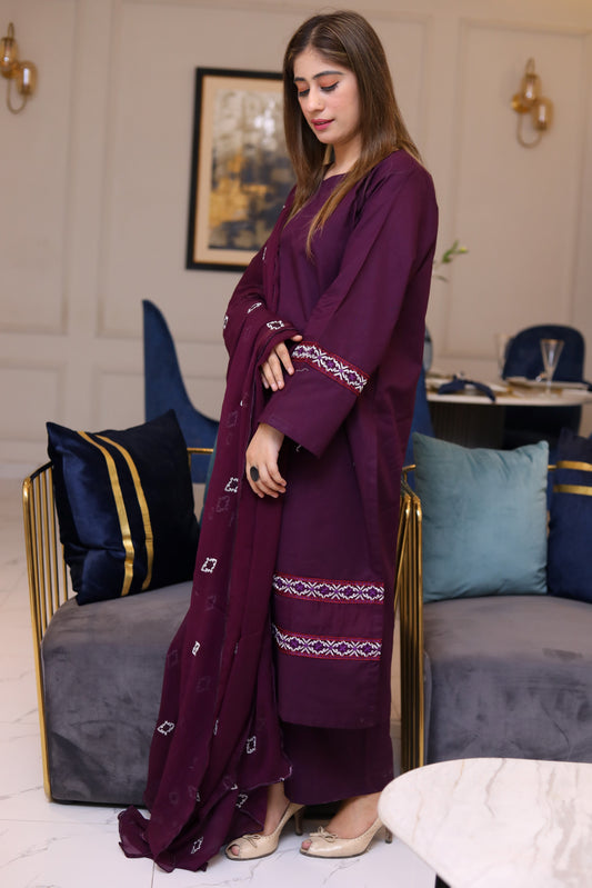 3 Piece - EMBROIDERED LAWN SUIT PURPLE